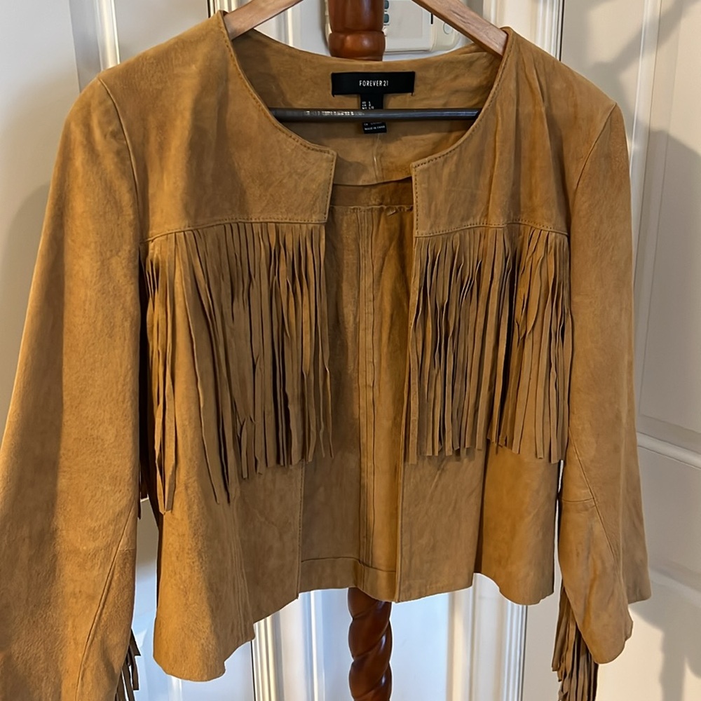 Suede Effect Fringe Leather Jacket size L